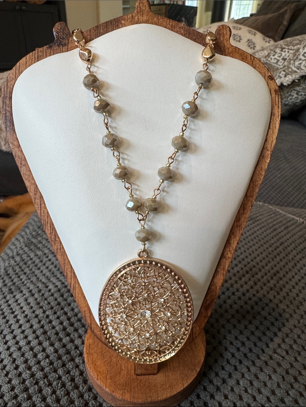 Gold Filigree Pendant Necklace with gold and Taupe Beaded Chain